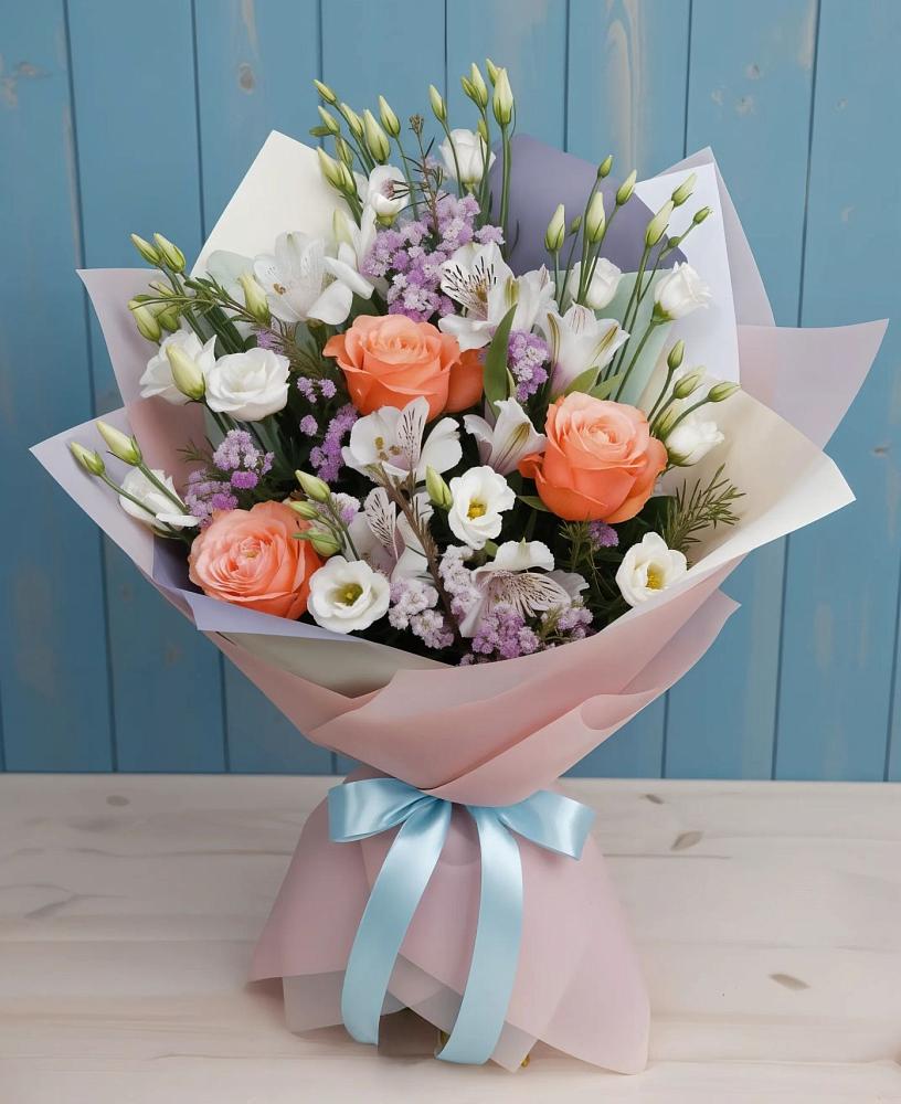 Букет цветов из: Лизиантусы, Розы, Альстромерии и Гипсофила в Островцы