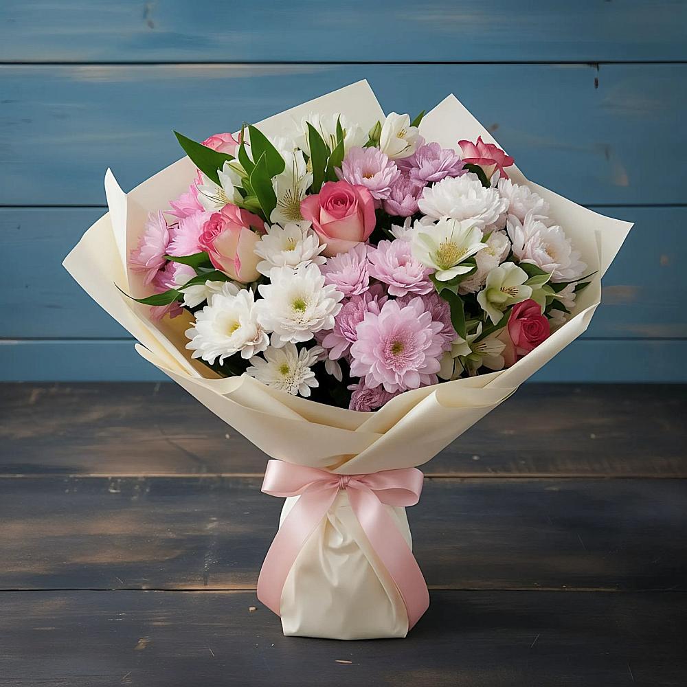 Букет цветов из: Хризантемы, Альстромерии и Розы в Островцы